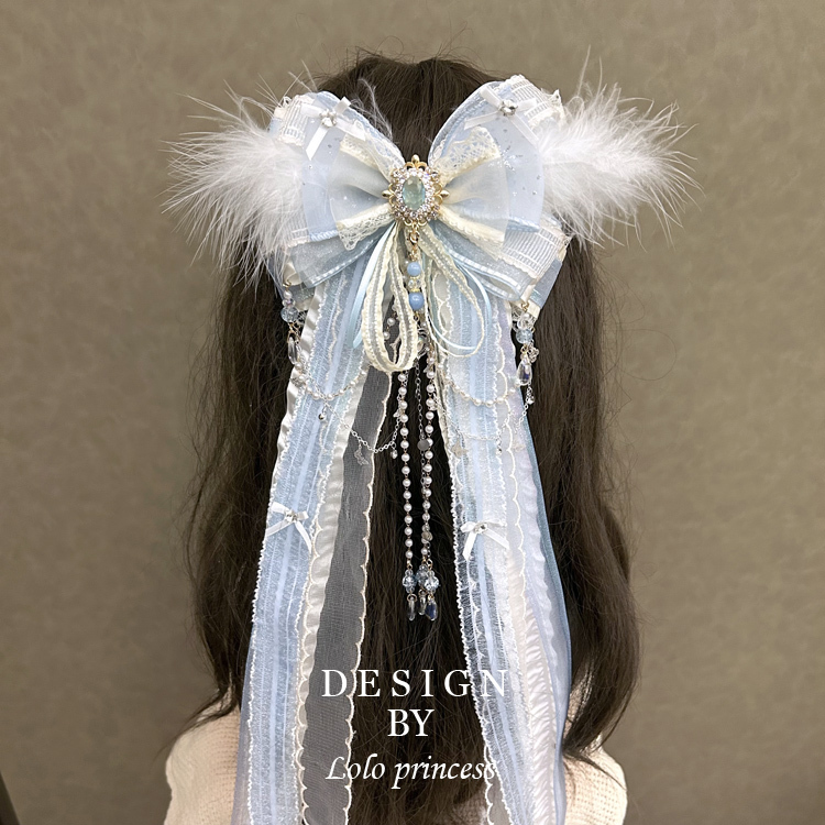 Frozen-Themed Forest Princess Hanfu Long Ribbon Hairpin Accessory with Elaborate Large Bow Spring Clip for the Back of the Head