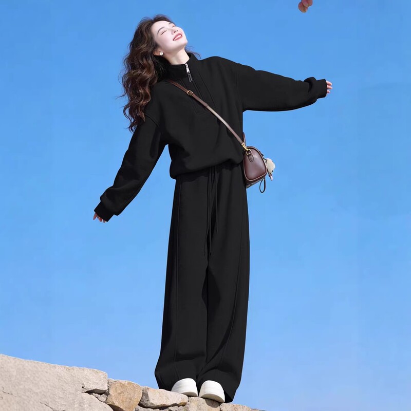 French Rouje Moaks Sportswear Suit for Women, Spring and Autumn, Loose and Slimming, Stand-Up Collar Sweatshirt, Wide-Leg Pants Two-Piece Set French Rouje Moaks Sportswear Suit for Women, Spring and Autumn, Loose and Slimming, Stand-Up Collar Sweatshirt, Wide-Leg Pants Two-Piece Set