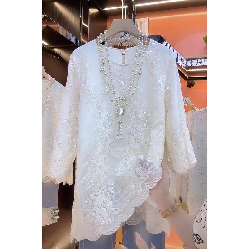 Lt02 Women's 25105 Lace Blouse Spring and Summer New Style 9-Quarter Sleeve Base Shirt