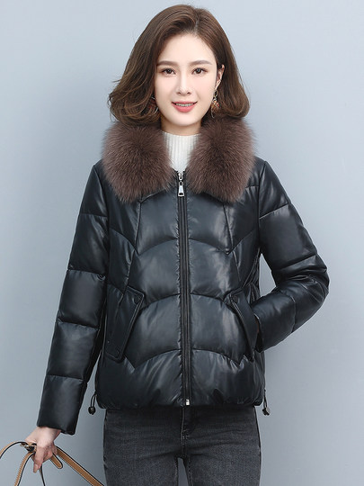 Haining genuine leather down jacket women's short sheepskin white duck down fox fur collar leather jacket 2025 autumn and winter new style