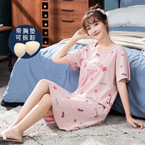 short sleeve sleeping dress pyjamas woman with chest cushion Summer cotton thin section free of wearing bra not even dress Korean version loose pyjamas