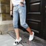 Haibao Brothers Đặc biệt Mùa hè Cặp đôi nam giới Tide Thanh niên Sinh viên Patch Holes Bảy điểm Quần short denim shop quần áo nam