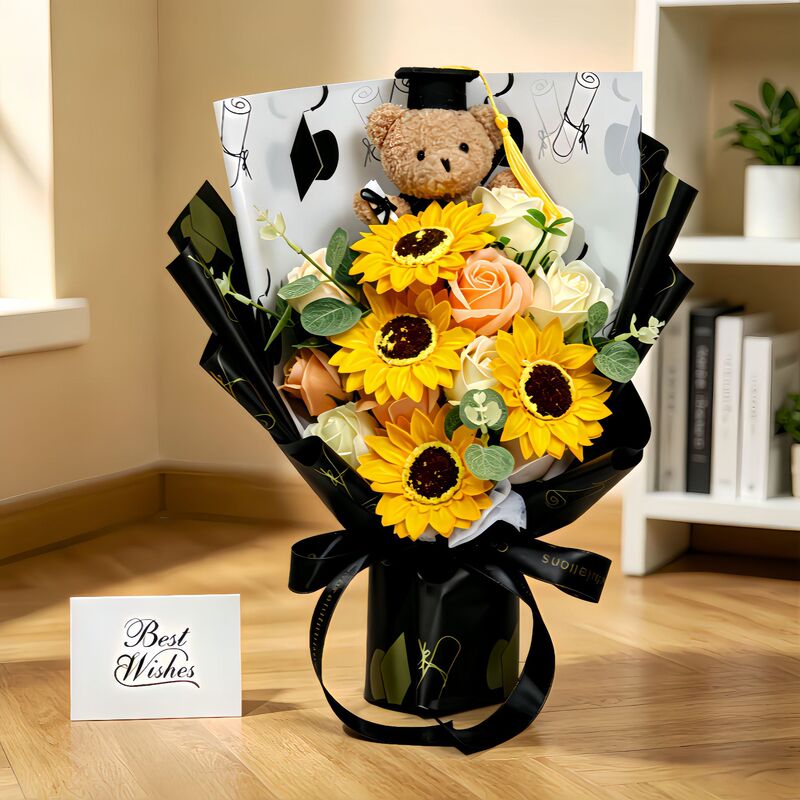 Graduation Season Sunflower Bouquet Doctoral Bear Finished Soap Rose Flower Gift for Students Artificial Flower