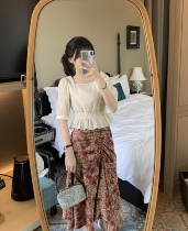French vintage floral skirt womens long 2020 Summer new high waist slim pleated design oil painting skirt