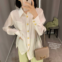tinafairy design niche long-sleeved shirt autumn new chic Tencel top texture white shirt women