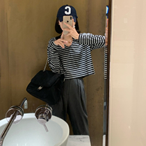 tina black striped polo collar design sense niche chic top t-shirt womens short thin loose long-sleeved t-shirt