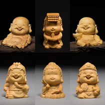 Boxwood carving cartoon characters creative handlebar home accessories Guanyin Buddha statue Q version of Maitreya Guan Gong small ornaments