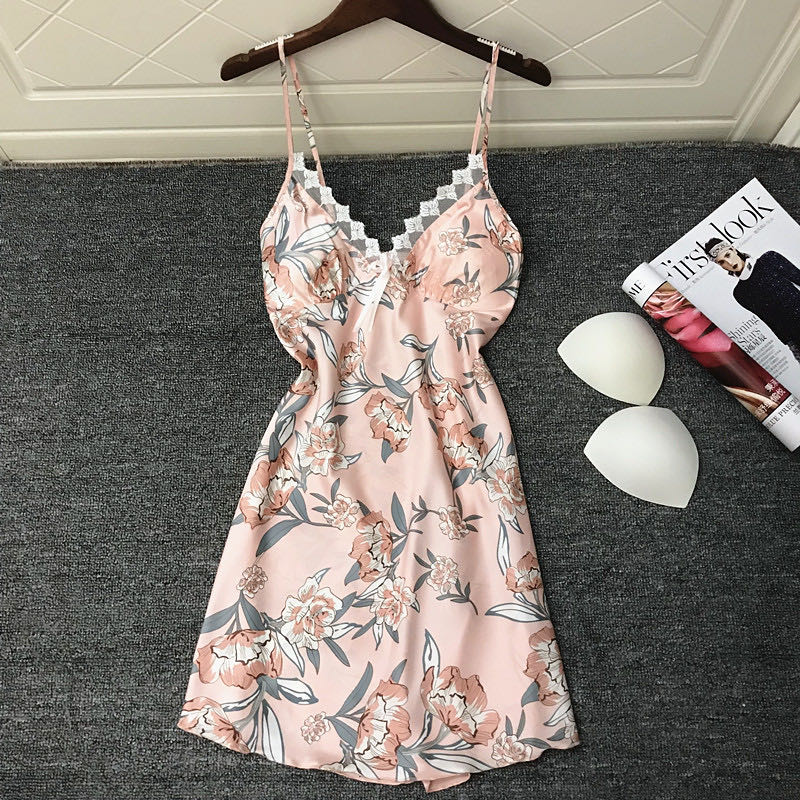 New with chest cushion Sexy ice Silk Sleeping Woman Summer Dew Back Lace Hollowed-out Seductive Harness Pyjamas Pyjamas