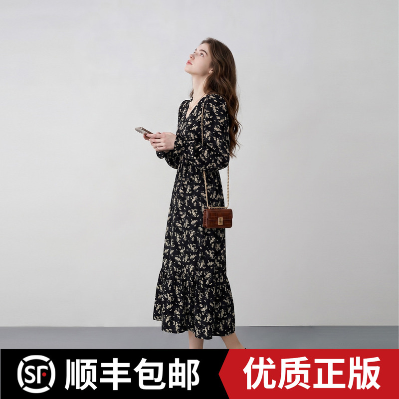 Unique and Beautiful V Neck Floral Long-Sleeved Dress for Women 2026 Early Autumn New Style Holiday Work Clothing Elegant Age-Reducing Skirt