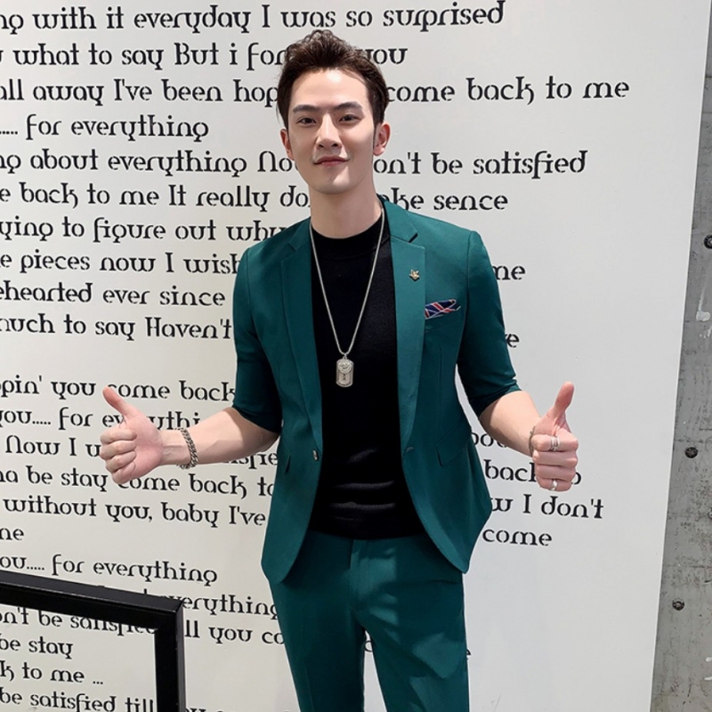 Dark Green Trendy Men's Slim-Fit Suit Set, Summer Thin Korean Style Three-Quarter Short-Sleeved Casual Suit Jacket