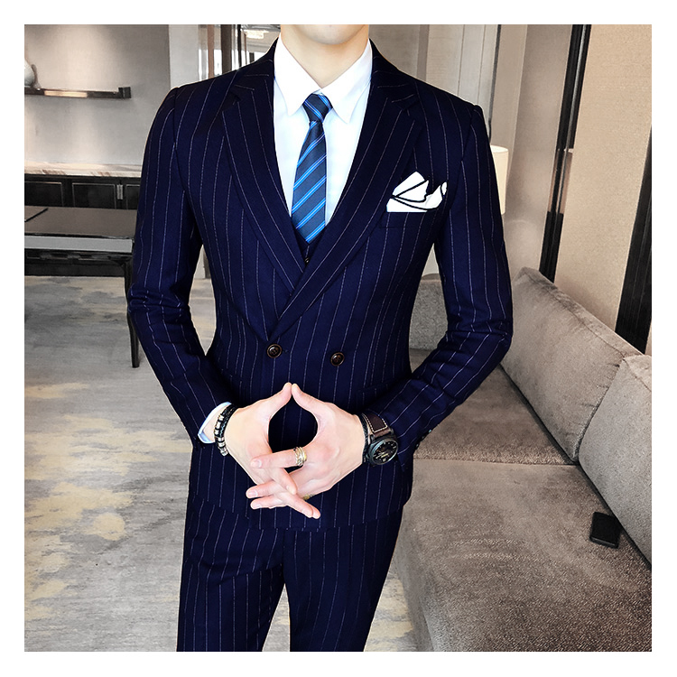 Mùa thu stylist hộp đêm khí chất đôi hàng hai khóa Slim phù hợp với nam phù hợp với đám cưới sọc ba áo len nam