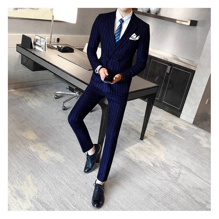 Mùa thu stylist hộp đêm khí chất đôi hàng hai khóa Slim phù hợp với nam phù hợp với đám cưới sọc ba áo len nam