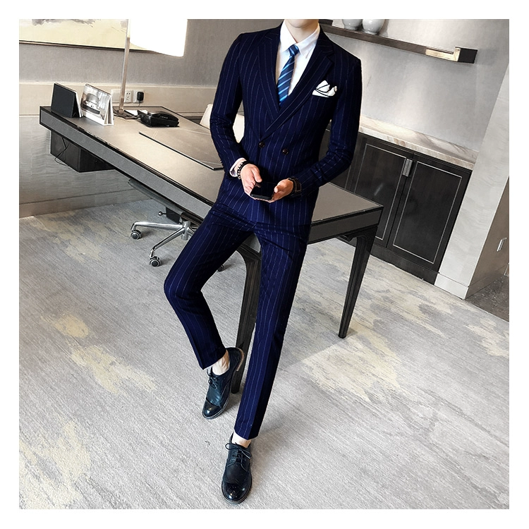 Mùa thu stylist hộp đêm khí chất đôi hàng hai khóa Slim phù hợp với nam phù hợp với đám cưới sọc ba