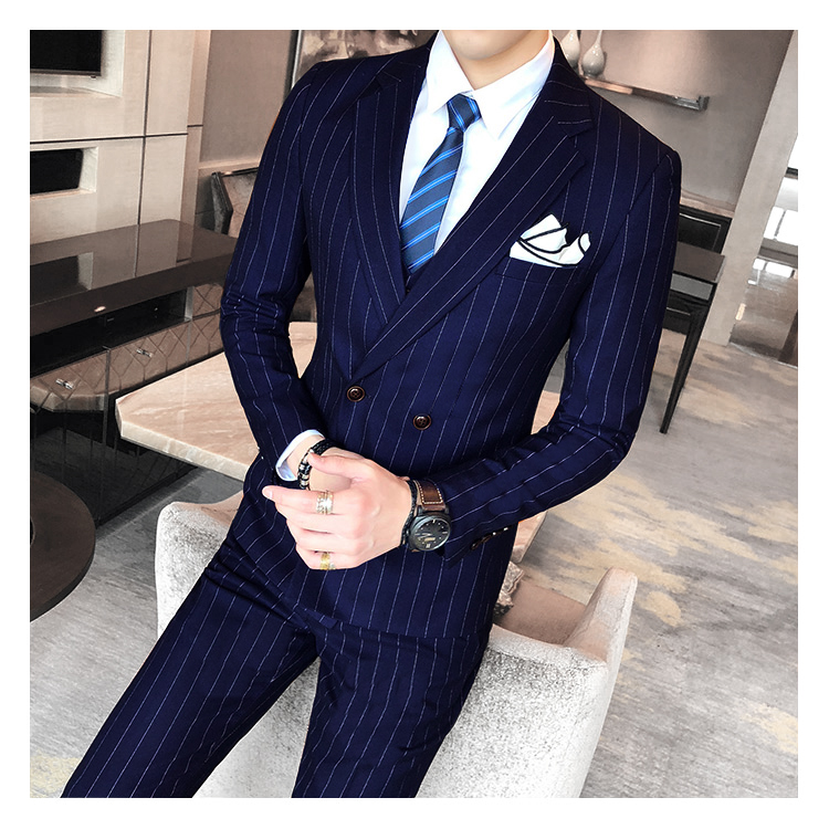 Mùa thu stylist hộp đêm khí chất đôi hàng hai khóa Slim phù hợp với nam phù hợp với đám cưới sọc ba áo len nam