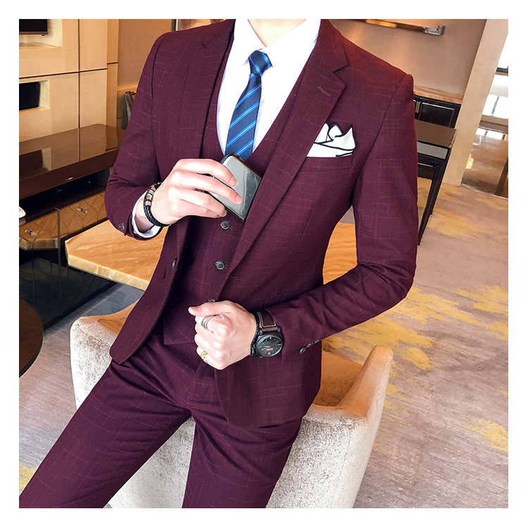 Chao phiên bản Hàn Quốc của nhà tạo mẫu tóc hộp đêm Slim cao cấp kẻ sọc phù hợp với phù hợp với nam phù rể kết hôn phù hợp với ba mảnh quần kaki