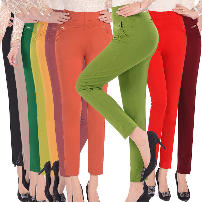 Summer Ultra-Thin Elastic High-Waisted Slim-Fit Casual Pants for Middle-Aged and Elderly Women, Elastic Waistband, Mom's Cropped Pants