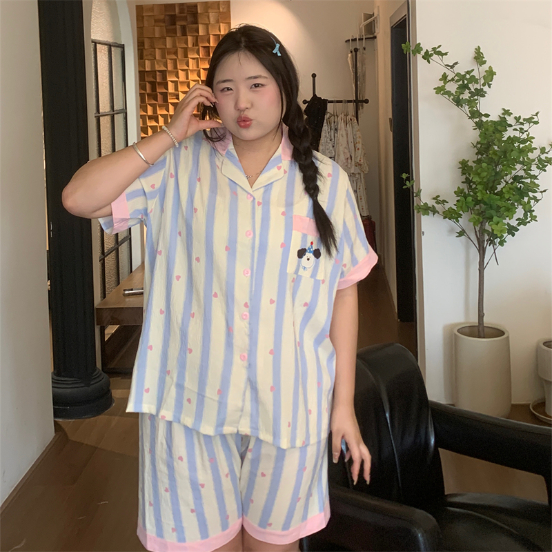 Naughty Belly Summer Cloud Cotton Plus Size Fat Girl Short Sleeve Shorts Pajamas ins Pink Blue Striped Little Heart Set