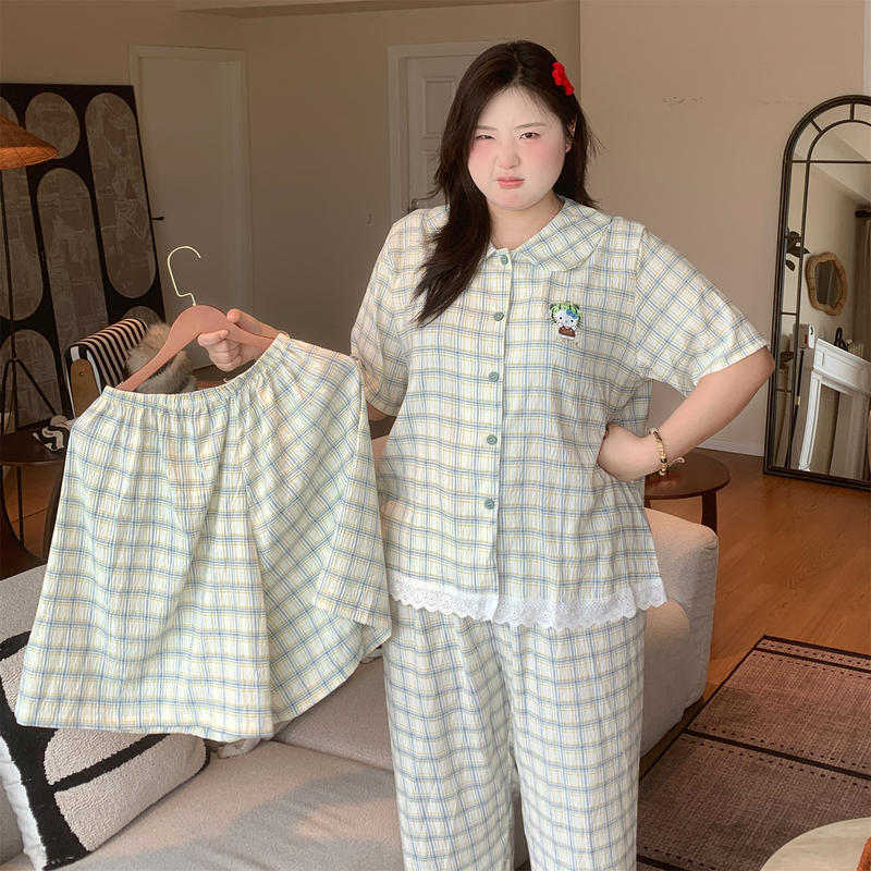 Naughty Belly Plus Size Fat Girl 100kg Summer Three-Piece Set Cloud Cotton Green Plaid Pastoral Style Pajamas