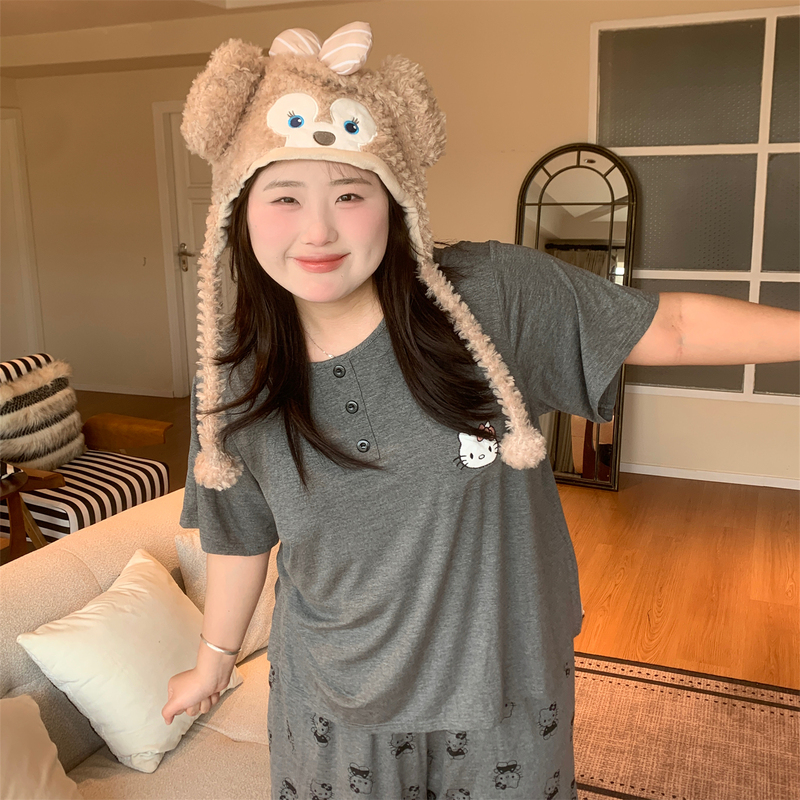 Naughty Belly Plus Size Fat Girl 100kg Modal Pajamas Thin Pullover Dark Gray Kt Cartoon Print Loose Fit Naughty Belly Plus Size Fat Girl 100kg Modal Pajamas Thin Pullover Dark Gray Kt Cartoon Print Loose Fit