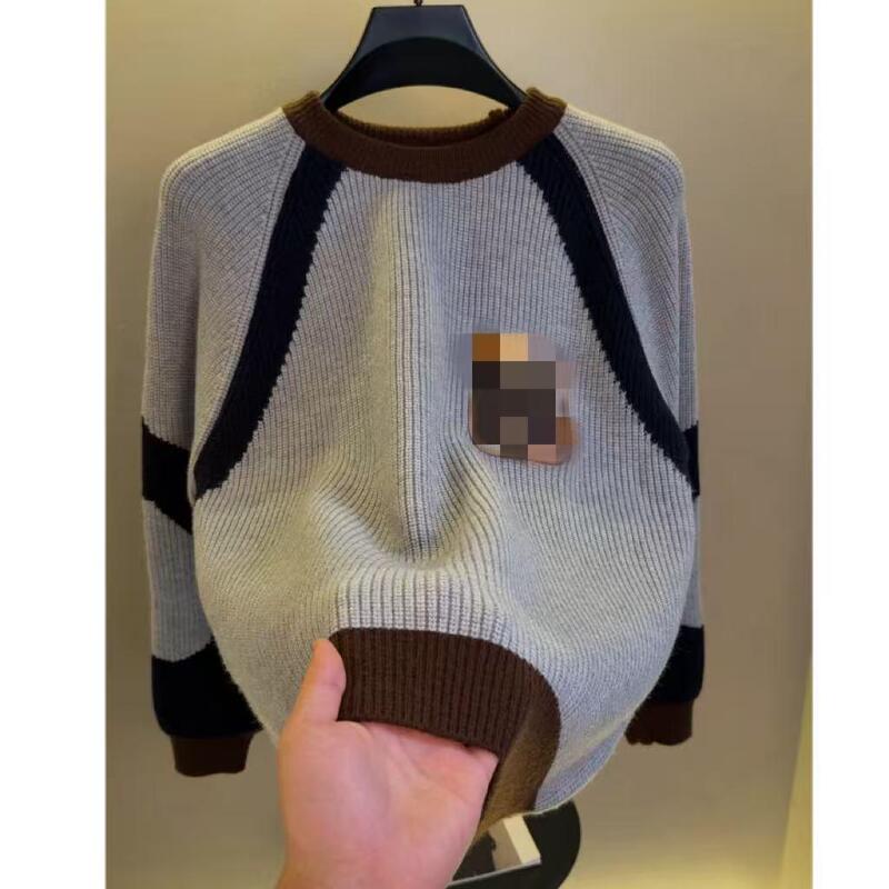 High-End Round-Neck Color-Blocked Jacquard Sweater for Men, Autumn and Winter Trendy Fashion Warm Knitted Base Shirt Men's Clothing 25002