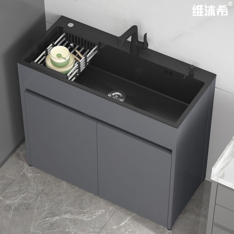 Kitchen Stainless Steel Sink, Large Single-Slot Dishwashing Basin, Freestanding Integrated Cabinet, Household Large Sink, Double-Slot