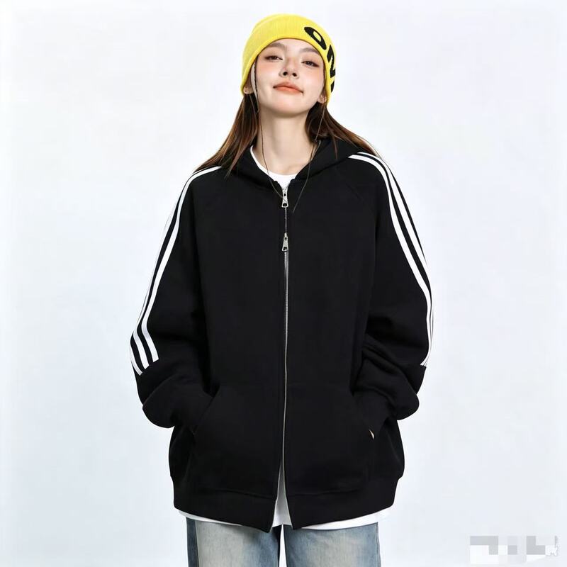 Authentic Black Zip-Up Jacket 2026 New Autumn and Winter Fashionable Women's Hooded Sweatshirt Couple Style Thickened Top