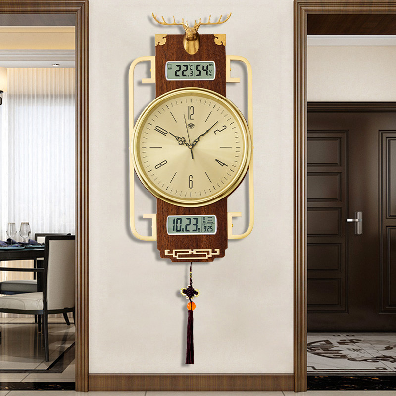 New Chinese wall clock living room household fashion solid wood personality atmosphere Chinese style clock creative light luxury pure copper clock