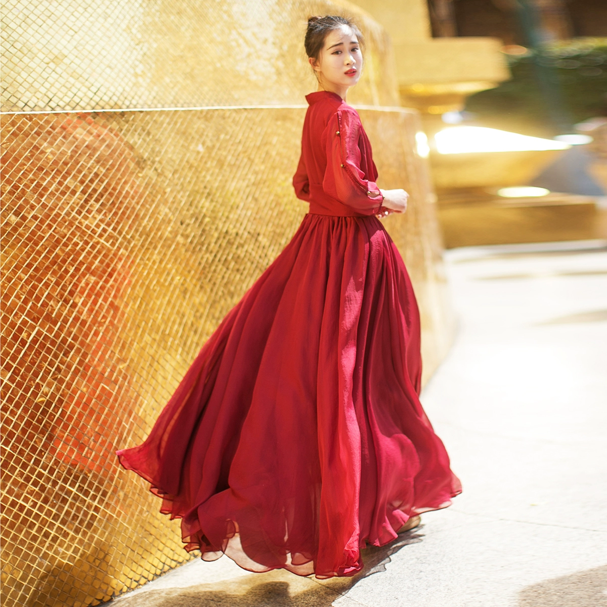 Cotton Linen [Song in the Cloud] Váy đỏ mùa thu tính khí đầu mùa thu 2021 váy mới dài tay quần áo phụ nữ - váy đầm