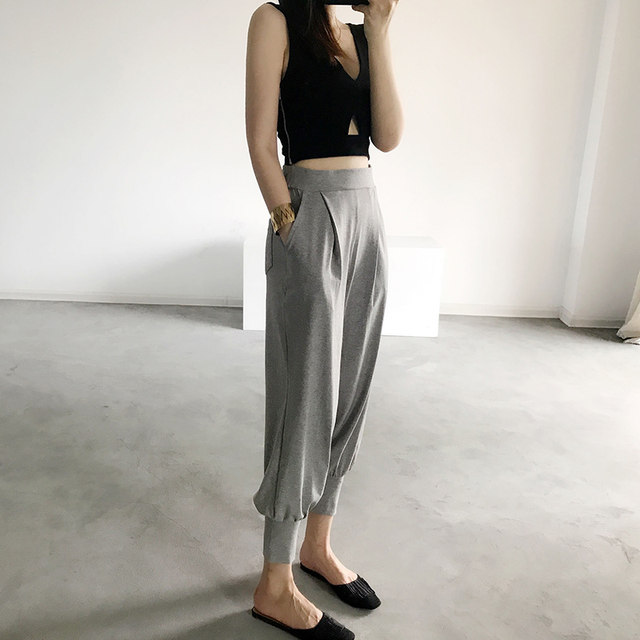 Casual leggings for women, cotton, sporty, small feet, nine-point pockets, elastic waist, slimming, loose harem pants for outer wear