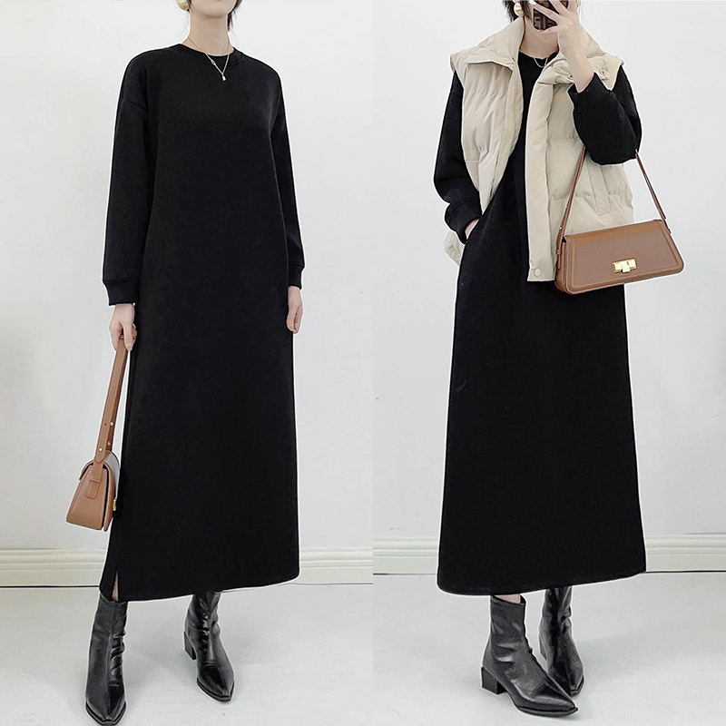 Space Cotton Fleece-Lined Dress with Round Neck, Pockets, Side Slits, Slimming Effect, Loose Fit, Casual Mid-Length Straight Dress Space Cotton Fleece-Lined Dress with Round Neck, Pockets, Side Slits, Slimming Effect, Loose Fit, Casual Mid-Length Straight Dress
