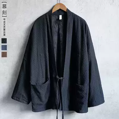 Autumn and winter cotton hemp jacquard plus velvet thickened retro road robe Hanfu improved windbreaker Chinese style casual men's coat