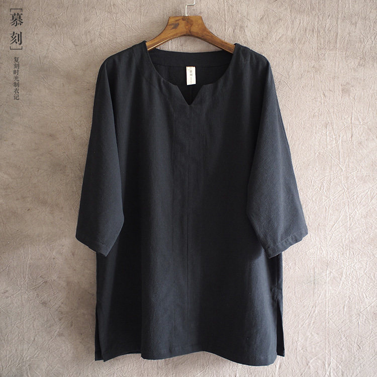 Summer cotton and linen short-sleeved T-shirt loose large size Chinese style V-neck men's top Casual T-shirt trend retro shirt