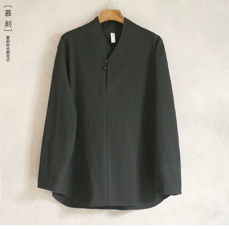 Shirt long sleeve coat men's loose cotton linen black shirt casual Chinese style linen outside wear tea coat