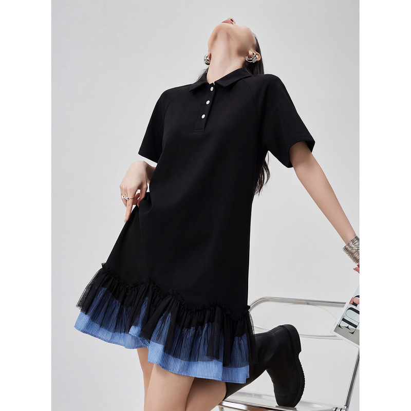 Casual Style Polo Collar Black Short-Sleeved Mesh Patchwork Dress 2026 Summer Design Mid-Length T-Shirt Dress