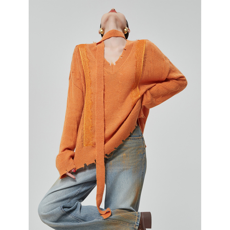 Orange Retro Distressed V-Neck Pullover Sweater for Women 2026 Early Autumn New Loose Lazy Style Long-Sleeved Knitwear Trendy Orange Retro Distressed V-Neck Pullover Sweater for Women 2026 Early Autumn New Loose Lazy Style Long-Sleeved Knitwear Trendy