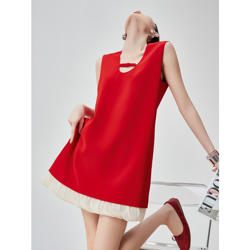 Red French Retro U-Neck Soft Gauze Patchwork Hem Dress, High-End Niche Unique A-Line Sleeveless Tank Dress Red French Retro U-Neck Soft Gauze Patchwork Hem Dress, High-End Niche Unique A-Line Sleeveless Tank Dress