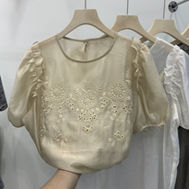 European Station 2022 Summer New Round Neck Embroidery Hollow Tencel Chic Small Shirt Womens Top Short Sleeve European Explosive Style