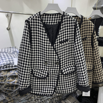 V-neck houndstooth plaid tweed wool coat womens 2021 winter new fashion foreign style all-match cotton top