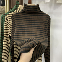 European goods high-necked striped knitted bottoming shirt women 2021 autumn and winter new Korean version elastic thread t-shirt slim top
