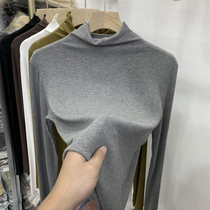 European half-high collar wood ear side bottoming shirt womens 2021 early autumn new style foreign style thin thread elastic knitted T