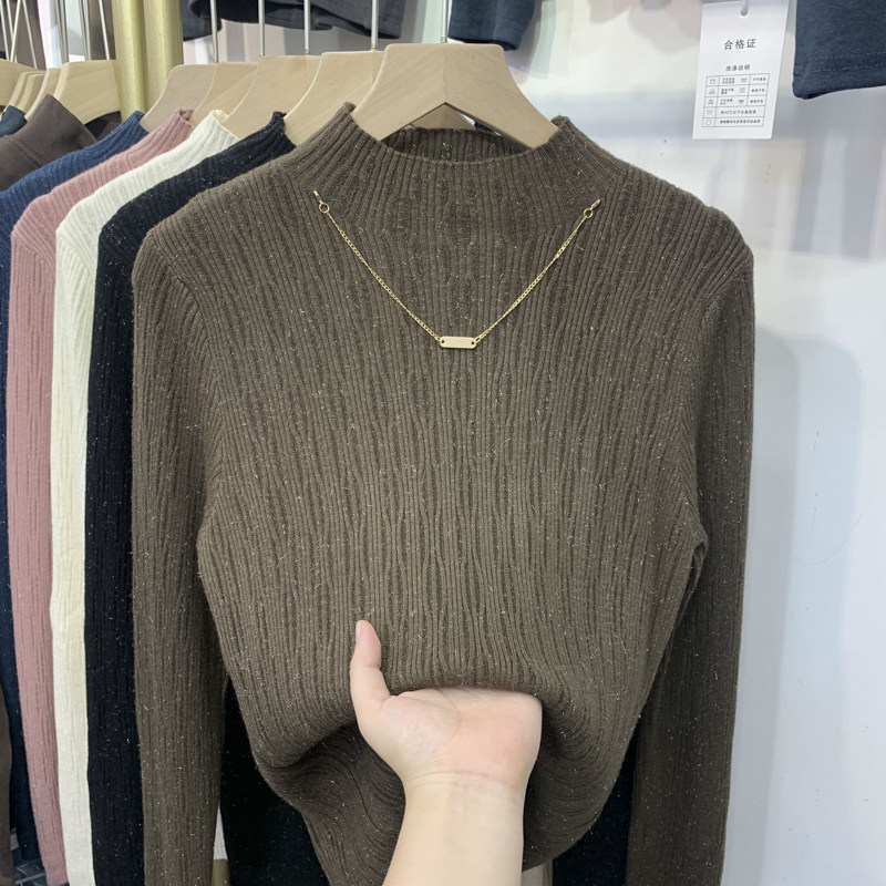 Half-height round neck sweater women's pullover long-sleeved T-shirt 2021 early autumn new style pendant decoration slim bottoming shirt