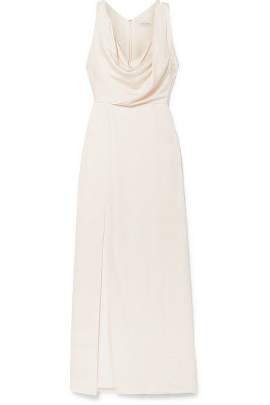 HALSTON Lady drop hammer flower high slit satin dress