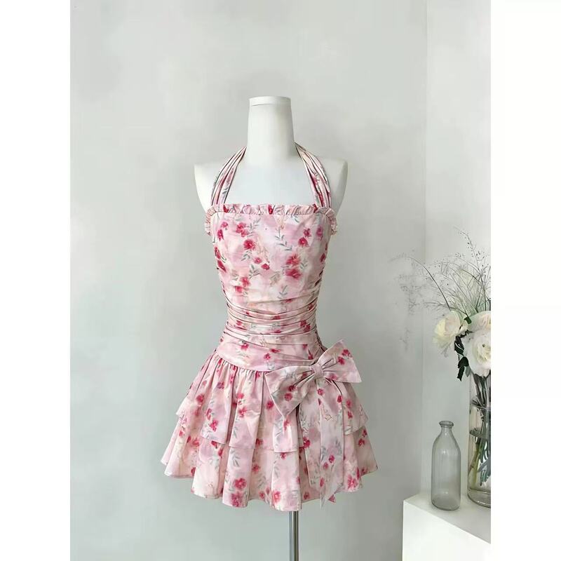 Q's Spring Flower Hymn/Beautiful 100% Cotton Floral Halter Pink Dress for Petite Vacation Summer Dress