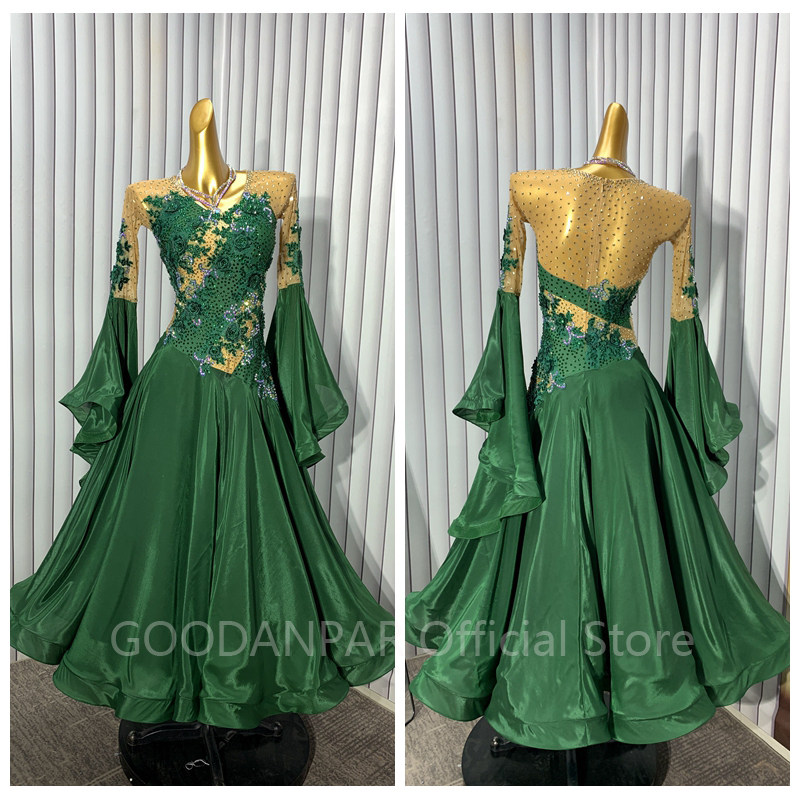 Tailored Morden Competition performance dress Dress Large Pendulum Pearl Silk Downswing Long Sleeve Ink Green Boutique Imitation-Taobao