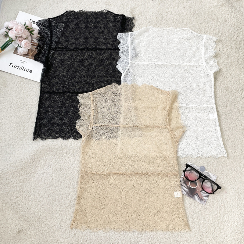 Long-Awaited ~ Elegant and Sophisticated Black and White Butterfly Lace Sleeveless Top with a Half-High Collar Design