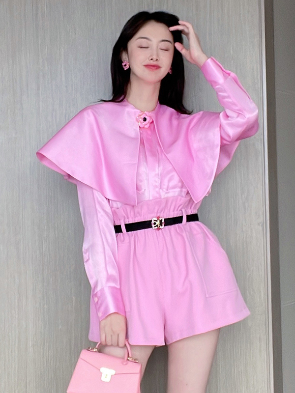 Tracy Chu Pink Double-Layered Shirt with Large Lapel Front
