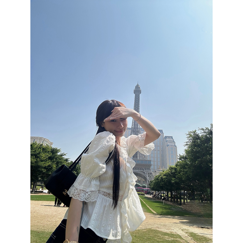 Nosemade “Romantic French Style” Ruffled Gentle Vintage Jacquard Lace Mid-Sleeve Shirt Puff Sleeve Top