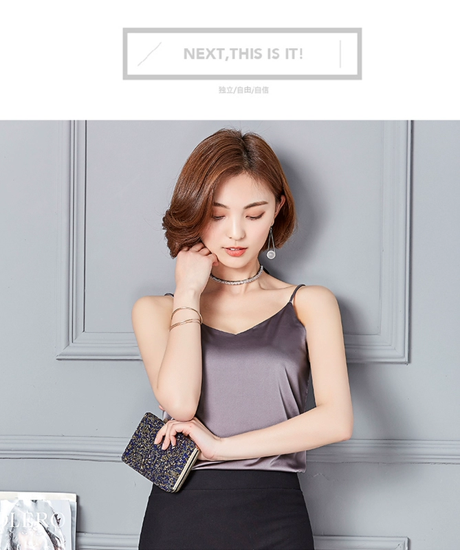 Áo lụa yếm nữ chạm đáy lụa đen gợi cảm sâu cổ chữ V mặc không tay bên trong ngắn áo ống
