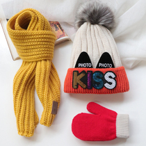 Three-piece set of autumn and winter childrens knitted hat for men and women baby warm wool hat cute plus velvet child cap