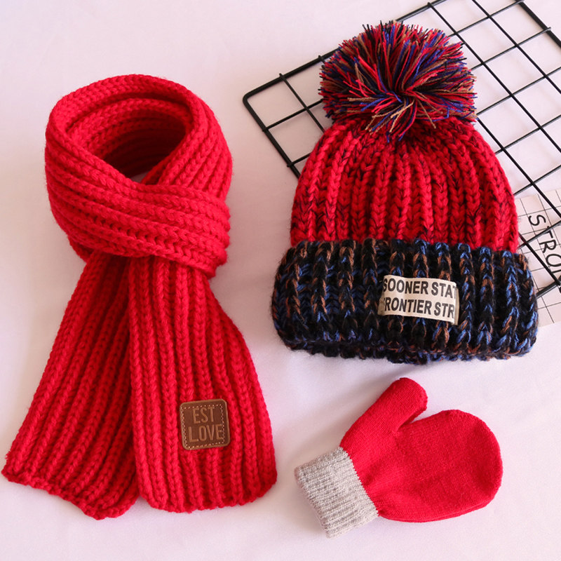 Plus velvet three-piece baby wool hat scarf autumn and winter boys and girls baby cotton warm knitted hat thick tide